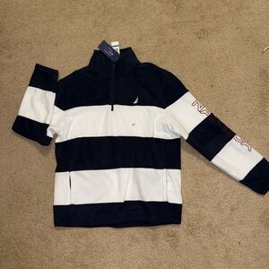 Nautica Men's Navy Blue and White Zip-Up Sweater